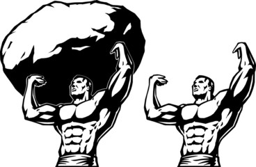 Stylized drawing of a man lifting a rock.
