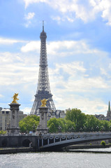 Fototapeta na wymiar Bridge Alexander III. with scenery on Eiffel Tower
