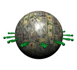 circle of people around American dollars sphere