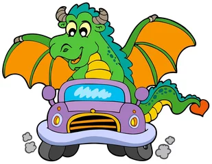 Crédence de cuisine en verre imprimé Pour enfants Cartoon dragon driving car