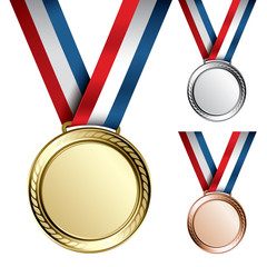 Three detailed vector medals - gold, silver and bronze - obrazy, fototapety, plakaty
