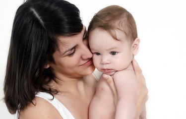 baby with mother on a white background