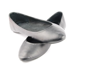 Lady black leather ballet flat shoes on white