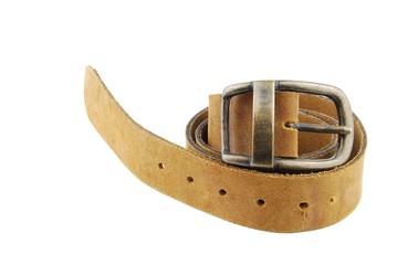 Camel/brown leather belt on white