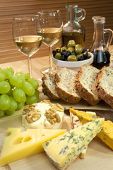 Cheese, White Wine, Grapes, Olives, Bread, Balsamic Vinegar