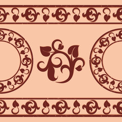 Brown vegetative pattern with circles on a beige background