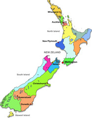 Color map of New Zeland with regions on a white background