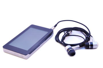 Mp3 player with earphones isolated on a white background