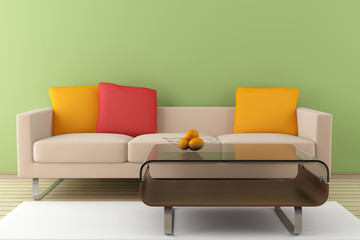 modern interior with beige sofa and table