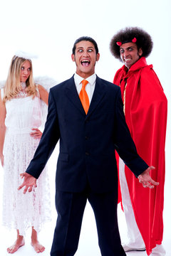 crazy businessman with angel and demon