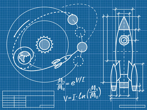 blueprint of the spaceship and its flight path