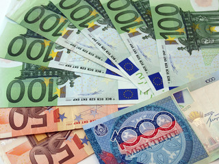 Euro Banknotes and Kazakh tenge, background