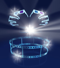 Abstract image of glasses in cinema hall and film