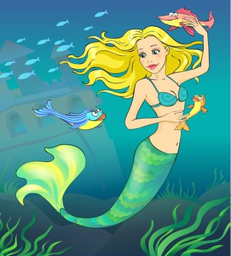 mermaid and fishes in the ocean depth