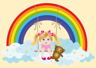 The girl goes for a drive on a rainbow. vector