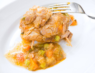 Meat roulade with vegetable soup on white dish.
