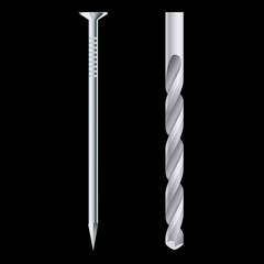 Drill bit and steel nail - realistic vector illustration