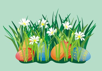 Easter background with eggs and blooming flowers