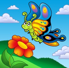Cute butterfly with red flower