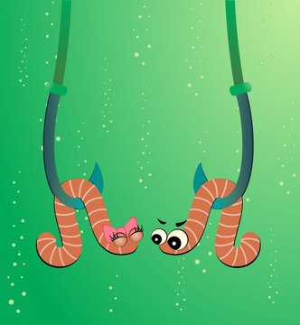cartoon two worms hang on hooks under water