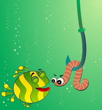 little cartoon funny fish eats a worm