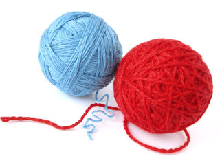 red and blue wool skeins