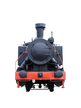 Fototapeta Front view of old steam engine isolated on white