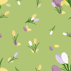 endloser Osterhintergrund mit Krokussen und Ostereiern