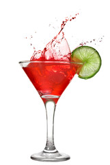 Red cocktail with splash and lime isolated on white