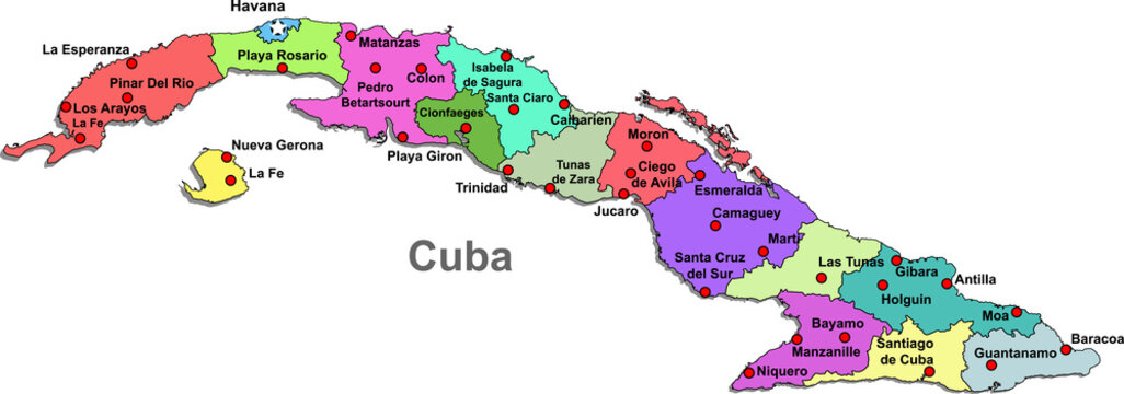 Color map of Cuba with regions on a white background