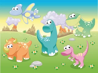 Fotobehang Dinosaurus Dinosaurussen Familie met achtergrond, vectorillustratie.