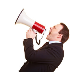 Jubelnder Manager mit Megafon