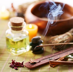 Still Life with aroma sticks in the spa salon.