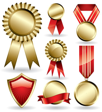 Set of shiny red and gold award ribbons
