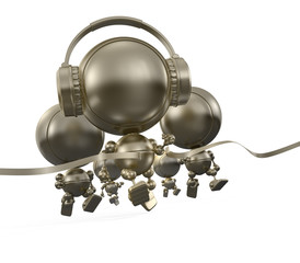 Running competition - winner in headphones cross the bow