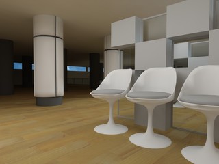Hospital waiting room, conceptual architecture, clean space.
