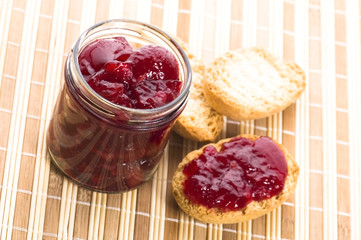 Breakfast of cherry jam on toast