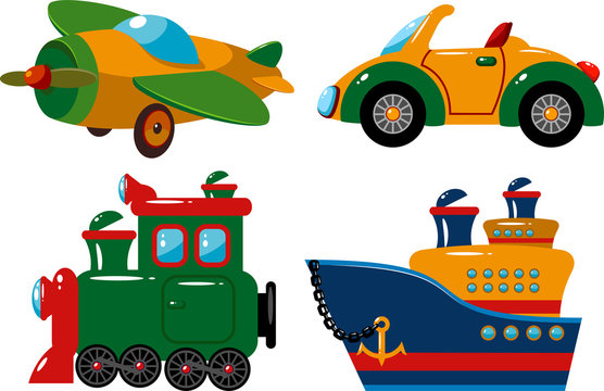Set of vehicles: plane, car, train and ship. Over white.