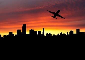 plane departing Miami at sunset illustration