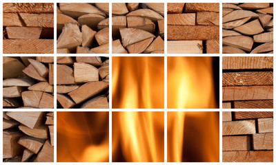 Collage: Bretter, Feuer, Kaminholz