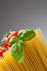 Close up of basic ingredients for italian pasta. Copyspace.
