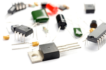 Radio components on white background.