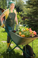 happy woman with wheelbarrow in her garden