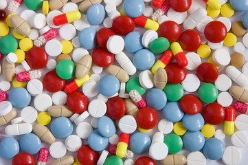 Many colored pills (top view)