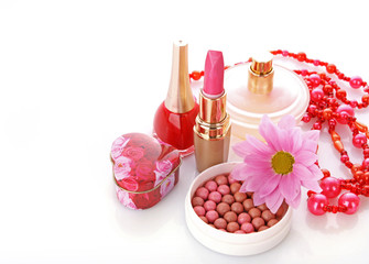 Many colourful woman cosmetics with flower   on white white back