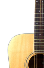 Acoustic guitar close up isolated on white background