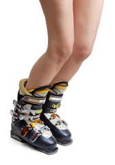 Naked legs in ski boots - concept for ski sale advertising
