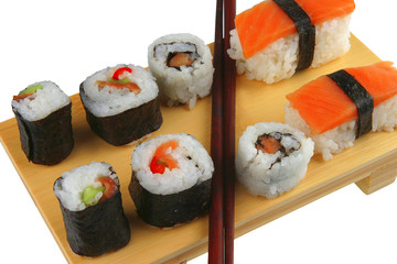 sushi rolls on wooden plate