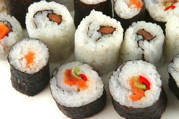 sushi and sashimi on white