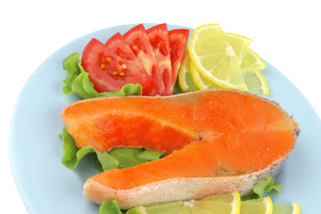 salmon steak on blue dish